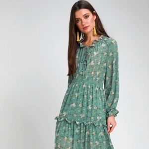 Delphine Sage Green Floral Print Long Sleeve Midi Dress